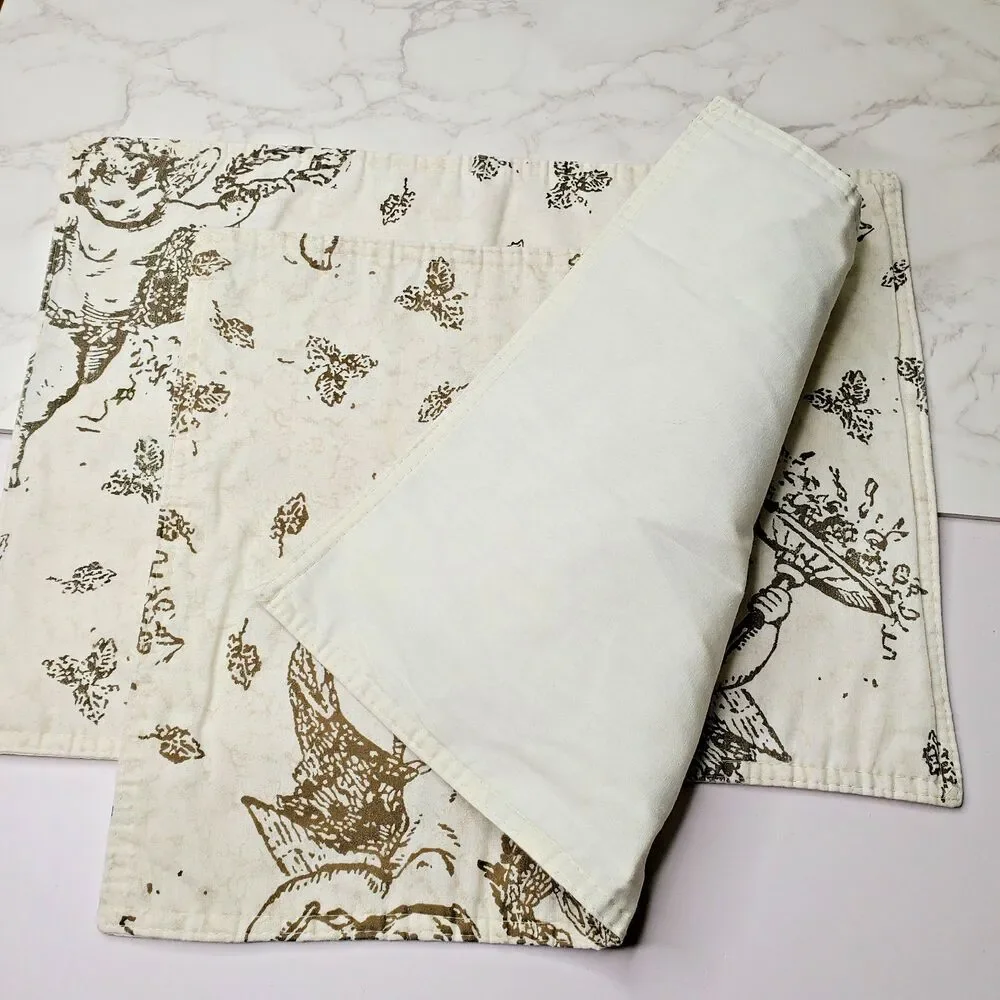 Vintage Placemats 2 Padded Cloth Cream Beige Cherubs Angels 17x12